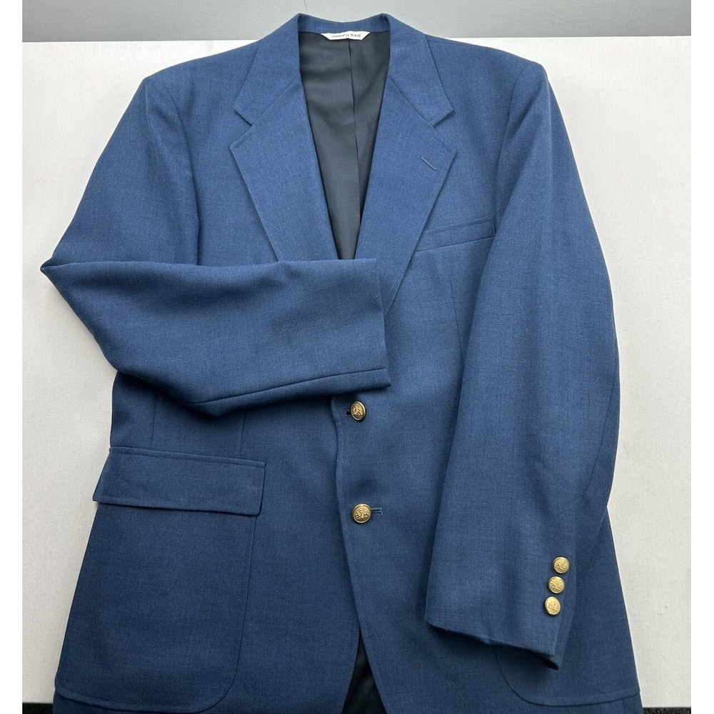 Stafford Mens 42R Blue Solid Sport Coat Wool Poly Blazer Jacket Gold‎ Button USA